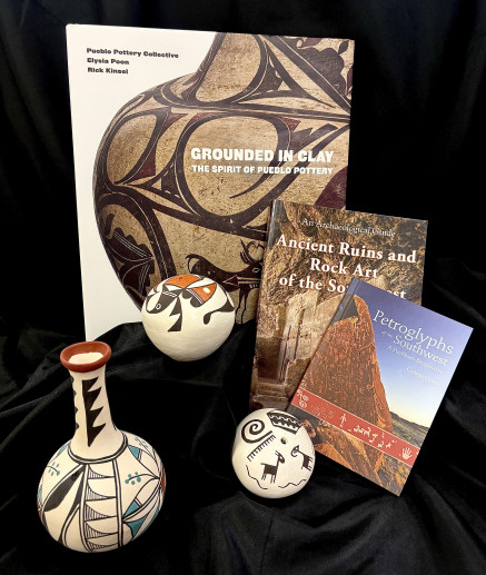 Acoma and Alvidrez pottery. Books: Grounded in Clay, Ancient Ruins and Rock Art, and Petroglyphs