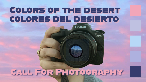 Color of the Desert/Colores del Desierto, call for photography. Hand holding camera against colored sky