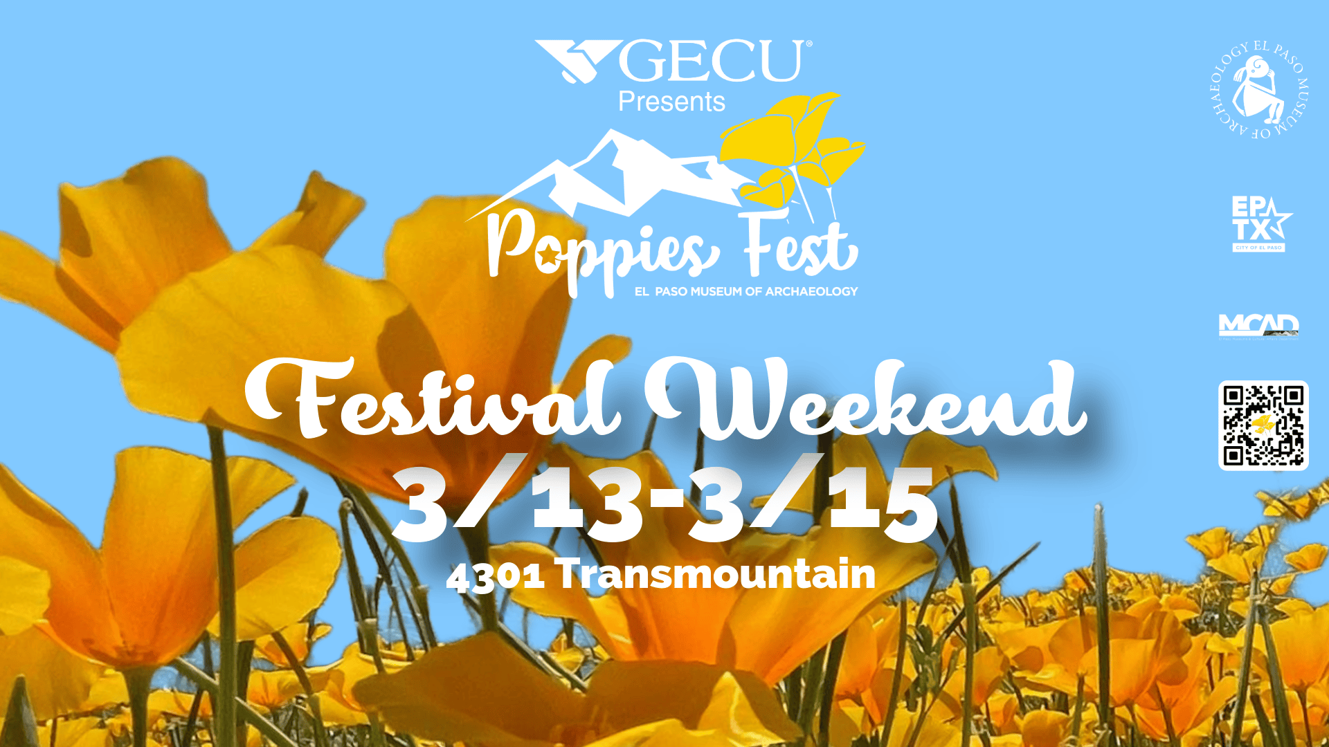 Poppies Fest 2026 3/13 to 3/15. Presented by GECU, blooming poppies in front of blue sky background